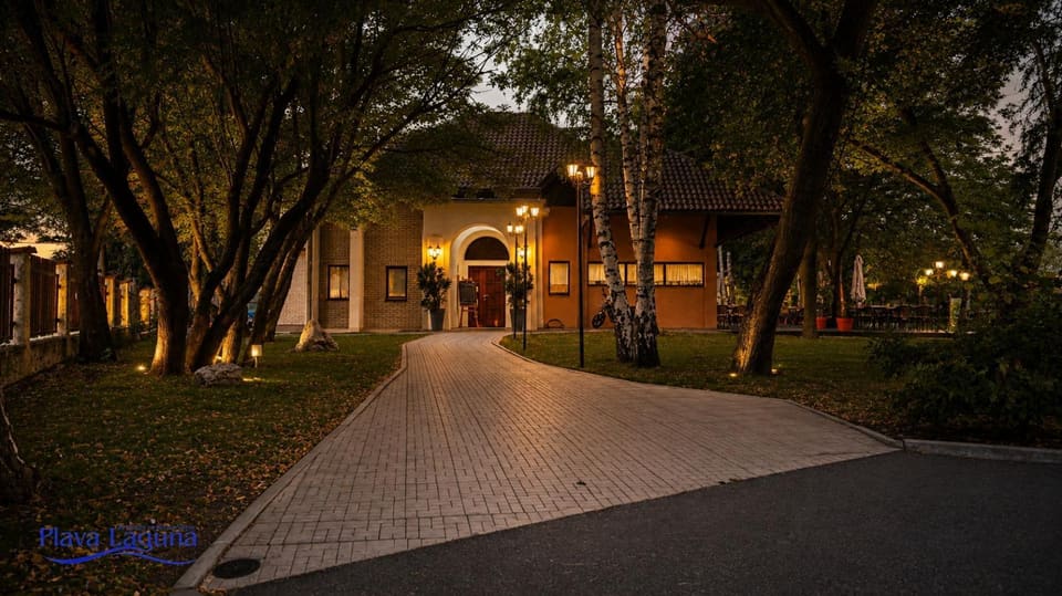 Osvetljen prilaz restoranu Plava Laguna uveče, popločana staza između breza